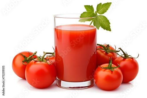 A glass of tomato juice with tomatoes on the side isolated on a white background