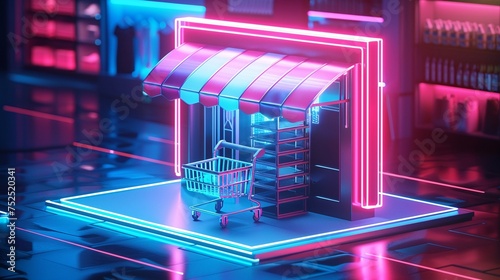 illustrated A neon visualization of an online shopping platform  highlighting the ease of access to goods and services  on white background photo