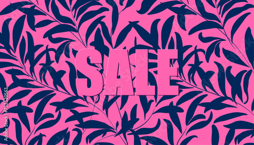 Sale text template, shop online, black friday, dicount season. Banner, advertising. Social media frame, sell background for business. Pink and blue floral botanical background	