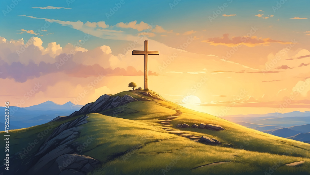 Cross on the hill. Christian banner