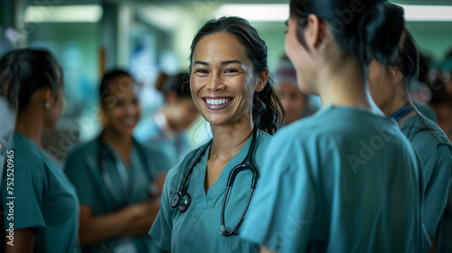 Smiling Latina Doctor Surrounded by Colleagues