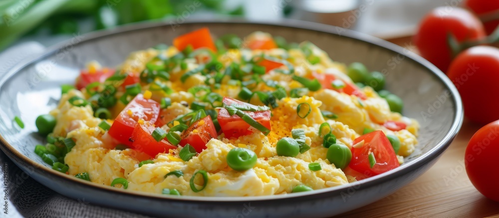 Delicious bowl of scrambled eggs with fresh tomatoes and green onions for breakfast Delicious bowl of scrambled eggs with fresh tomatoes and green onions for breakfast