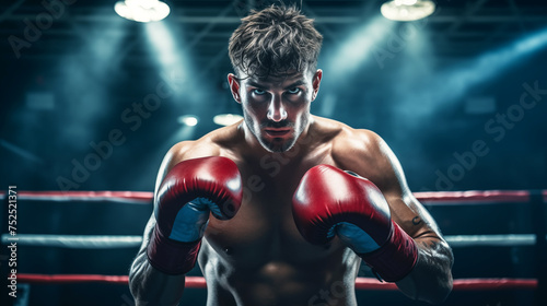 A professional boxer in red gloves, sweating from the fight, stands in the ring and is ready to fight.