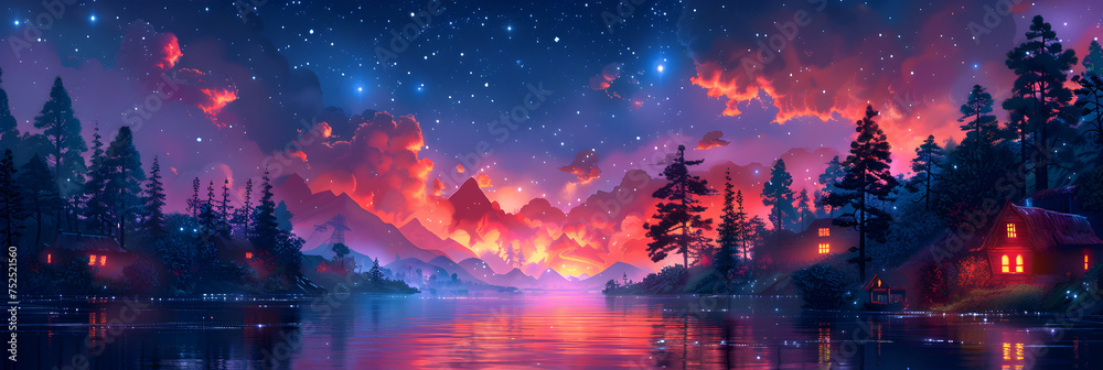 Purple and Pink Fairytale Landscape with a Lake,
Starry night sky pattern sparkle image
