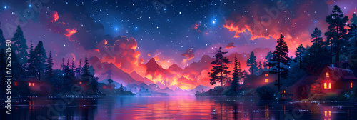 Purple and Pink Fairytale Landscape with a Lake, Starry night sky pattern sparkle image 