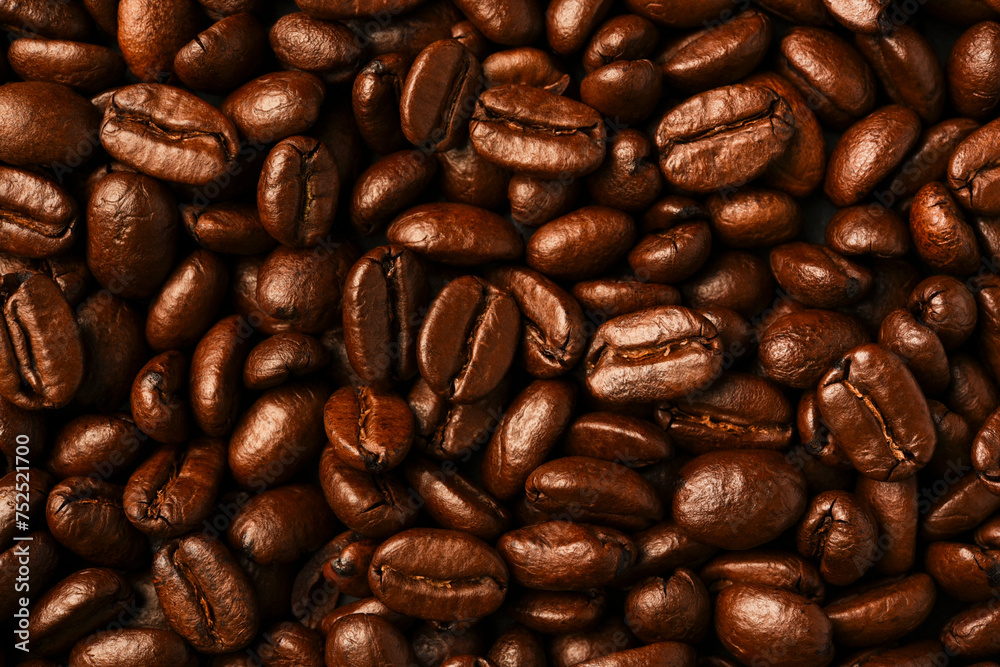 Fototapeta premium Aroma brown roasted coffee beans. Arabica, food background.