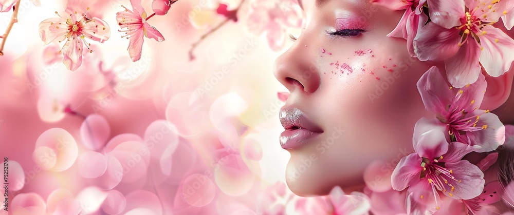 background of a woman face with pink flowers, woman with flowers International Women's Day background with copy space, Women's day holiday, pink background