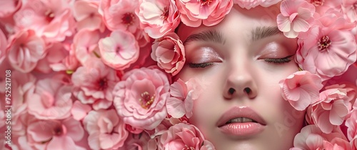 background of a woman face with pink flowers, woman with flowers International Women's Day background with copy space, Women's day holiday, pink background © artfisss