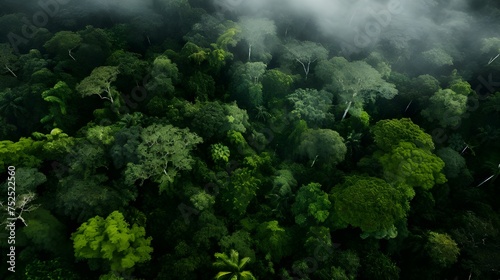 Wide-angle aerial view of a lush rainforest river, showcasing vibrant greenery and serenity.