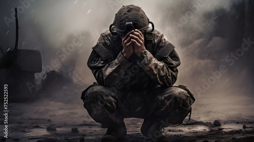 45 singleword keywords seperated by a comma and not numbered as well as a 150 character description of a photo of A dramatic photograph of an adult female soldier suffering from PTSD, sitting on the f photo