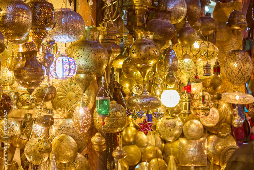 Shaining moroccan metal lamps in the shop in medina of Marrakesh, Morocco Shaining moroccan metal lamps in the shop in medina of Marrakesh, Morocco