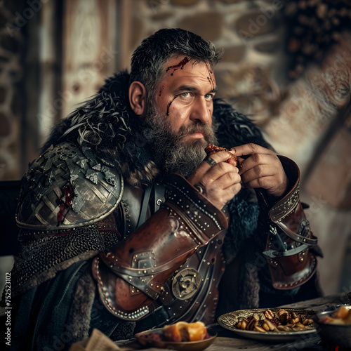 Rough and strong man from the Viking age bloodied after battle and eating © AlazySM
