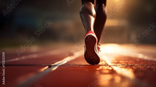 The feet of a runner in motion on a track lane, showcasing athleticism, speed, and determination in pursuit of fitness and victory