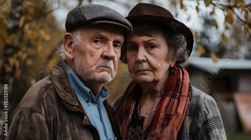 A retired elderly couple looks into the camera, showing signs of upset and frustration, possibly due to dementia or Alzheimer's