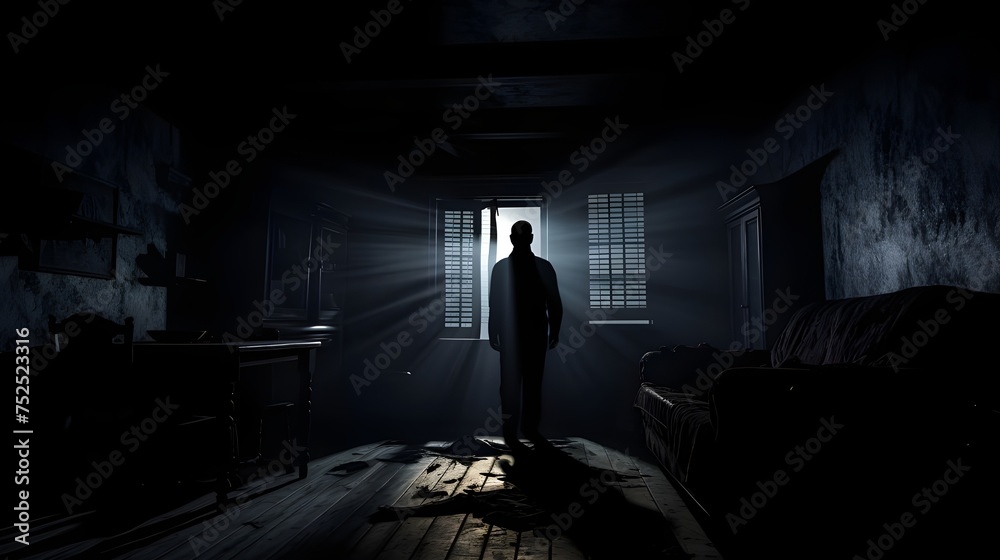 Fototapeta premium A shadowy figure stands before a window, evoking fear and suspense in this cinematic thriller setting