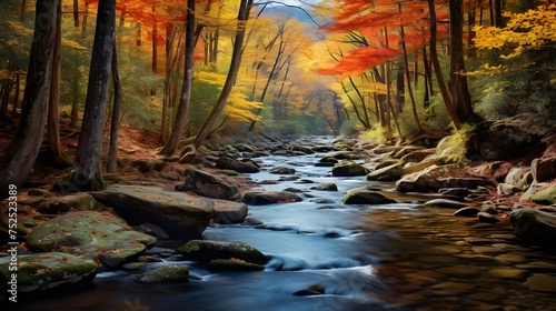 a scenic mountain stream amidst beautiful fall foliage. Vivid colors and tranquil waters create a breathtaking  serene landscape perfect for any nature lover s collection