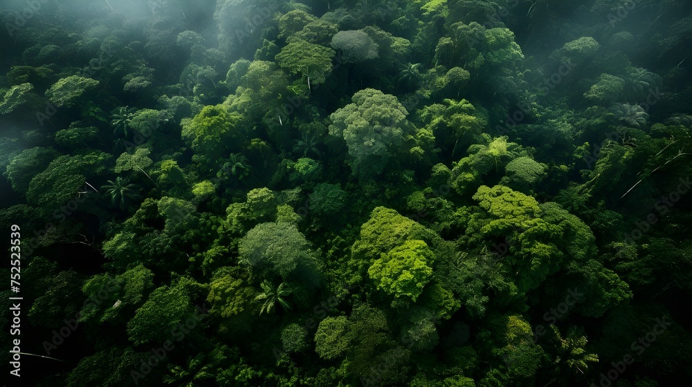 Wide-angle aerial view of a lush rainforest river, showcasing vibrant greenery and serenity