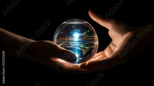 A glass ball revealing a miniature world, climate change, where a tranquil river valley meanders through the surreal landscape