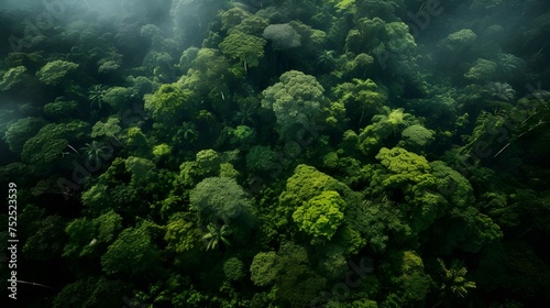 Wide-angle aerial view of a lush rainforest river, showcasing vibrant greenery and serenity