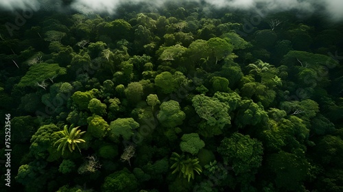 Wide-angle aerial view of a lush rainforest river, showcasing vibrant greenery and serenity photo