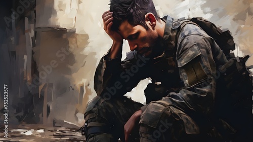 A poignant photo captures the silent struggle of an adult soldier grappling with PTSD, bowing his head with clasped hands, battling inner demons. photo