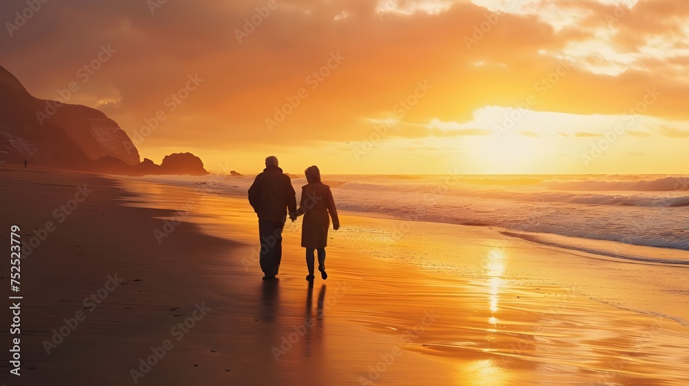 A retired couple walks hand in hand on the beach at sunset, embracing the serenity and love of their golden years together