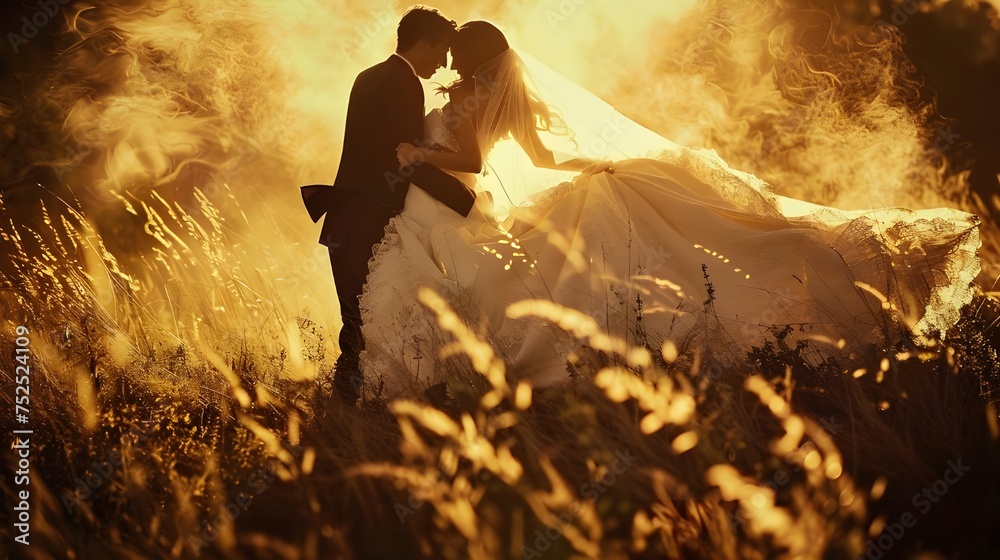 A couple embraces on their wedding day, bathed in the dreamy glow of golden hour sunlight amidst the beauty of nature's embrace