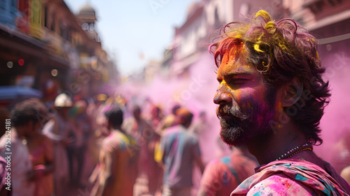A man is enveloped by a vibrant array of colorful paints at the Holi festival © Alina