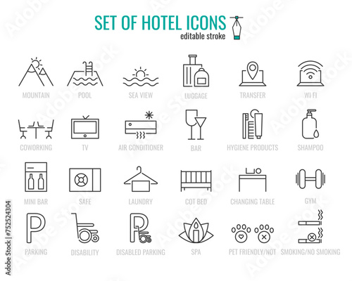 Hotel Line line icons set.Signage mountain,sea view,pool,luggage,bar,baby furniture,spa,gym and other info signs.Vector graphics illustration EPS 10.Editable stroke