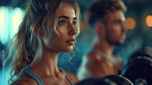 Focused Woman Lifting Weights in Gym,  intense young woman works out in a gym, lifting weights with determination as a man in the background focuses on his own exercise © Anastasiia