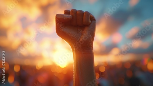 Fist of Unity in Sunset Glow, powerful raised fist symbolizing solidarity, strength, and unity against a vibrant sunset backdrop, representing community and protest