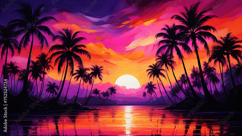 Imagine a vibrant tropical sunset painting the sky with hues of orange, pink, and purple. Palm trees silhouette against the vivid backdrop, creating a paradise scene