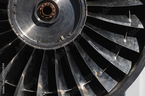 Turbine rotor of a turbojet engine, close up photo