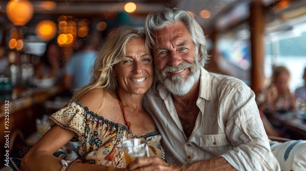 Cheerful senior couple sitting relaxing and chill on restaurant's. Happy people having fun together in bar in summer clothes. Summer vocation concept