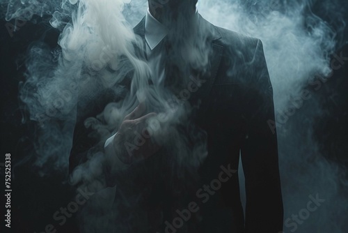 Businessman, suit and smoke in dark studio for corporate fashion, mafia aesthetic and success. Young model, man and smoking to hide face in secret for crime boss, vintage hand by black background