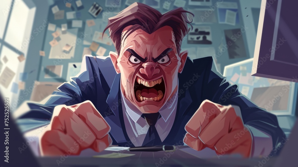Angry businessman with a laptop in the office - obrazy, fototapety, plakaty 
