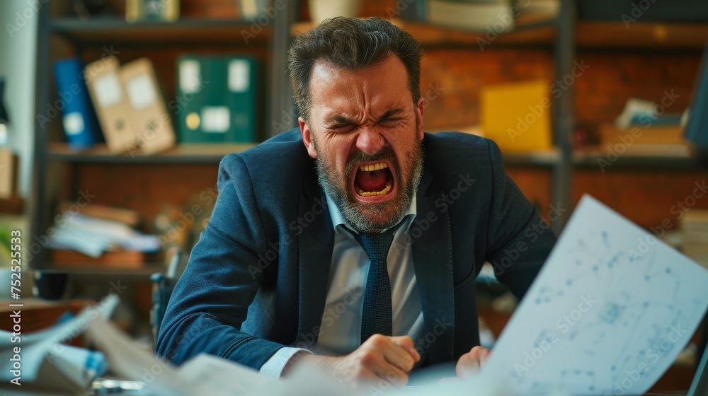 Businessman angry and shouting while working in the office. Business concept Businessman angry and shouting while working in the office. Business concept