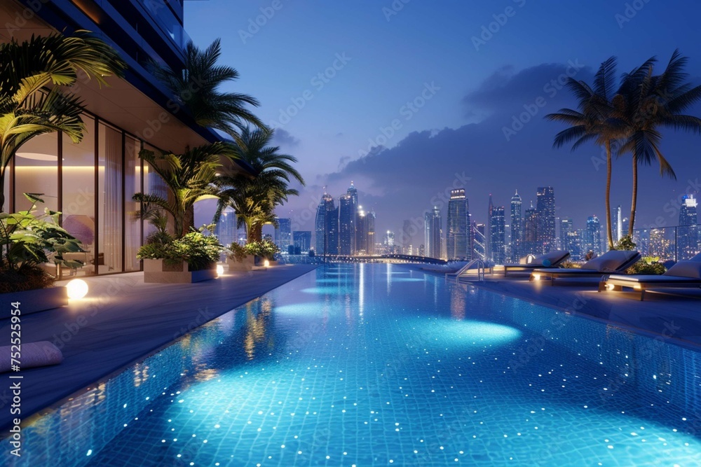 Amazing luxury pool with city in background.