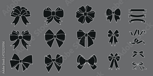 Set of black various cartoon bows on a grey background, gift ribbons. Fashionable accessory for hair braiding. Hand drawn vector illustration