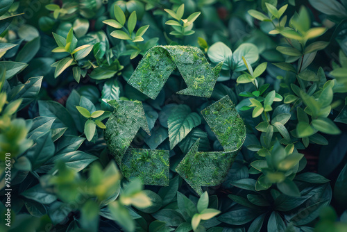 Recycling sign on a green foliage background.