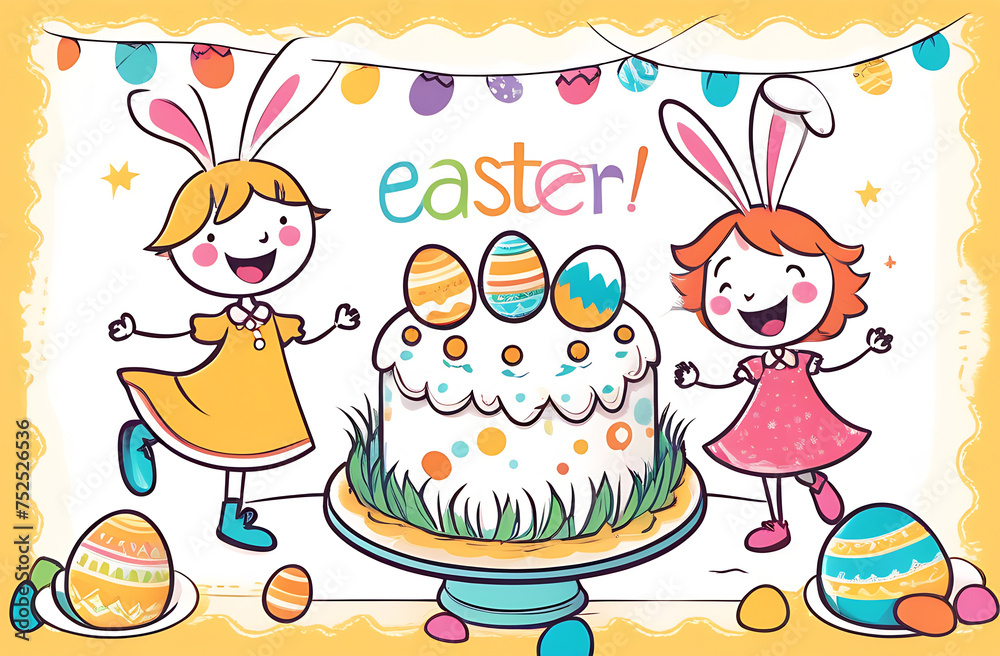 Obraz premium Illustration, postcard, girls with bunny ears dancing around Easter cake. There is text