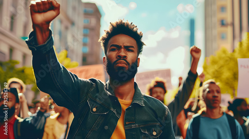 African American man marching in protest with a group of protestors with their fist raised in the air as a sign of unity for diversity and inclusion