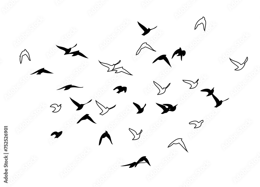 Flying birds silhouette flock. hand drawing. Not AI, Vector illustration Flying birds silhouette flock. hand drawing. Not AI, Vector illustration