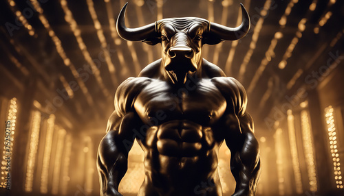 Bodybuilder With A Bull's Head with golden lights in dark Background, a strong male bull in a gym. Bodybuilding and fitness concept