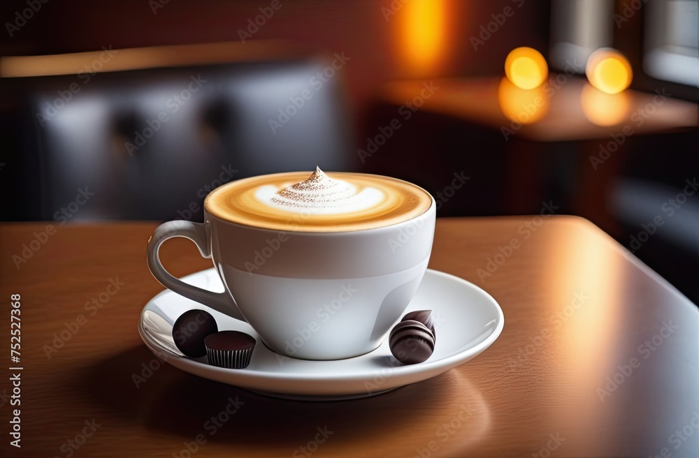 A cup of coffee cappuccino with some candies or sweets.