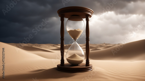 Wooden hourglass on desert sands with stormy sky - Generative AI