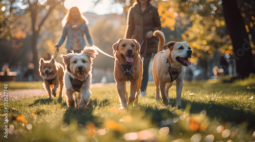 A group of young cheerful dog walkers in the park are having fun while walking dogs on a beautiful day in the park photo