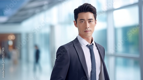 Portrait of modern professional Asian man in business suit on office background