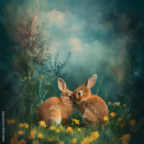 vintage lovley couple rabbits in the grass photo