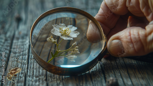 Close-up of a flower under a magnifying glass. photo